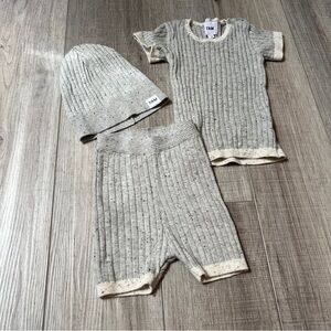 7 AM Grey Short Sleeve Top, Biker Shorts & Hat Set -Cozy Ribbed Knit Cotton Baby